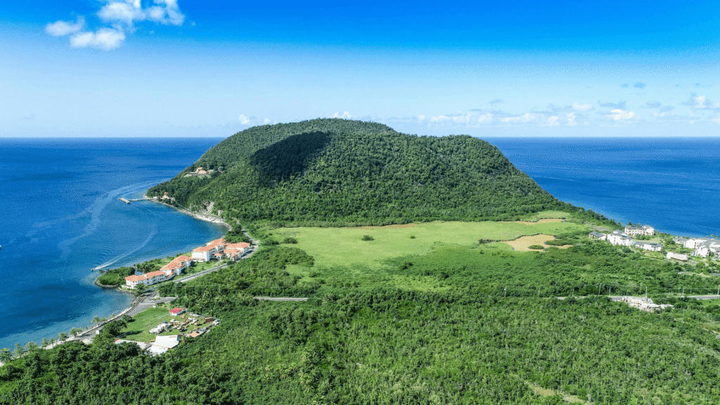 Groen tropisch landschap met berg op het natuureiland Dominica – exotische bestemmingen

