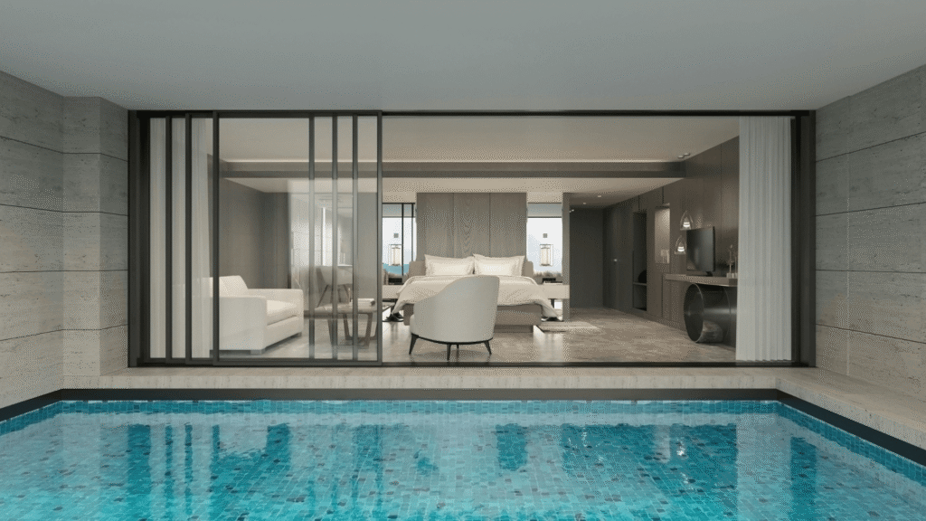 Stijlvolle luxe kamers met privézwembad en moderne inrichting in een adults only resort.