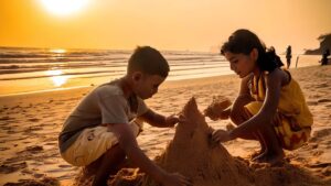 Kinderen bouwen zandkastelen op het strand tijdens een warme zonsondergang