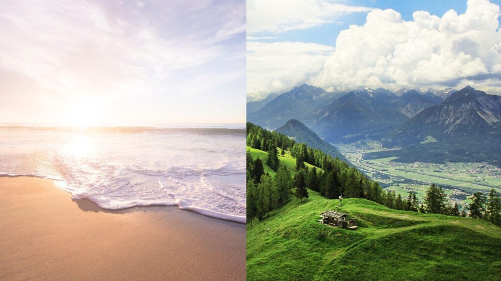 Collage met zon, zee, bergen en gezinnen op reis