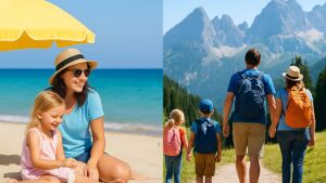 Sfeerbeeld van strandvakantie en bergvakantie in één afbeelding