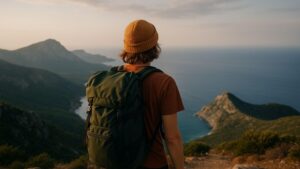 Solo reiziger met rugzak geniet van uitzicht over bergtoppen en zee