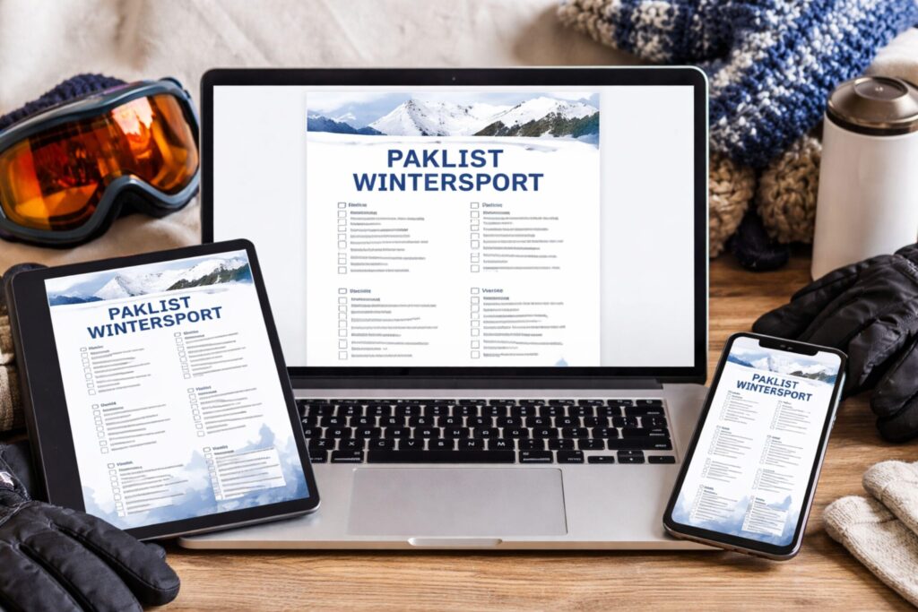 Digitale wintersport paklijst weergegeven op laptop, tablet en smartphone