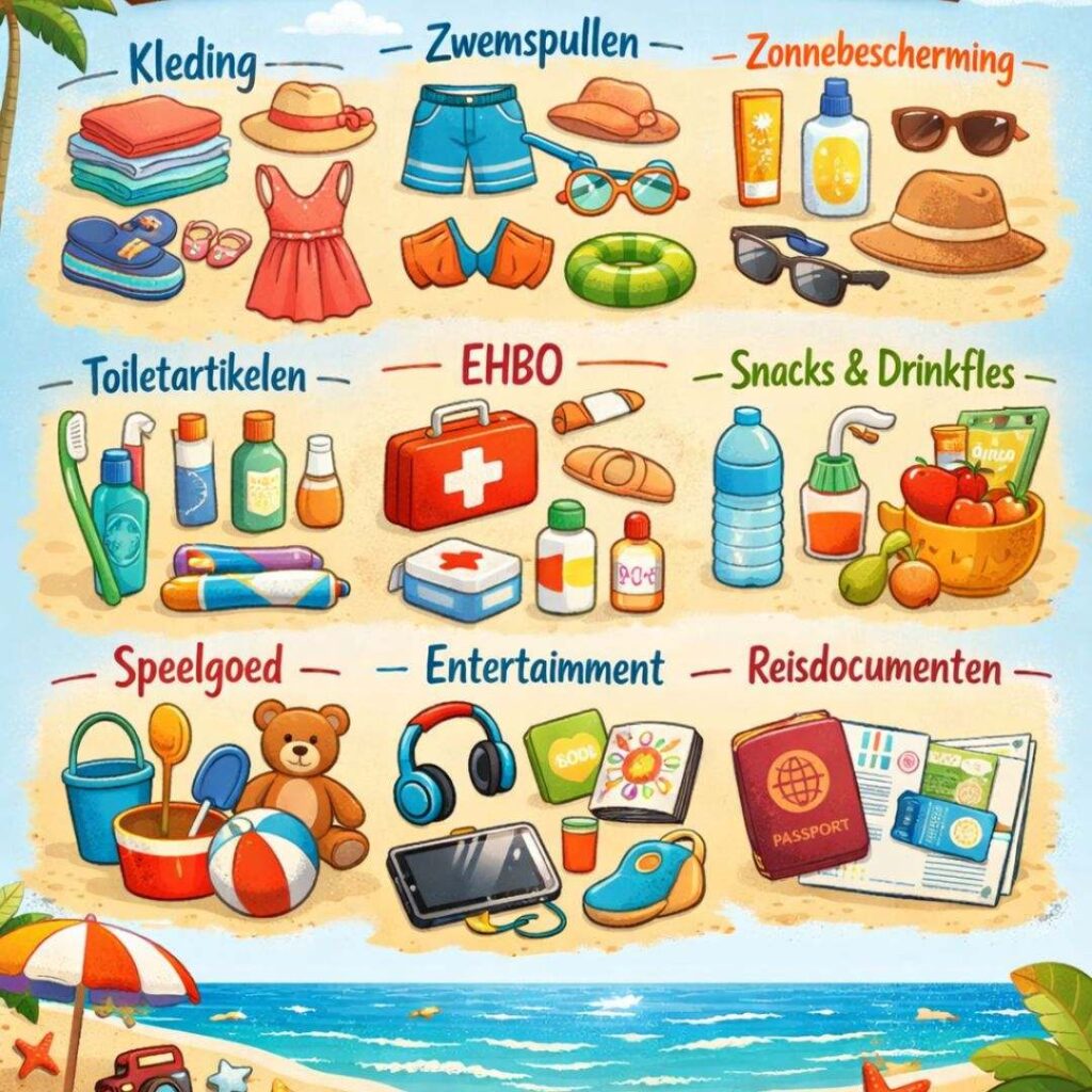 Illustratie van een paklijst voor een zonvakantie met kinderen, inclusief kleding, zwempullen, zonnebrand, EHBO, snacks en speelgoed