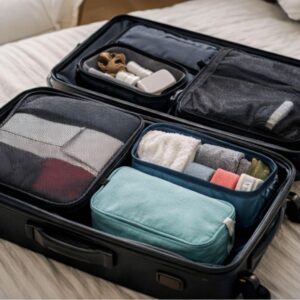 Open koffer met georganiseerde packing cubes en kleding.