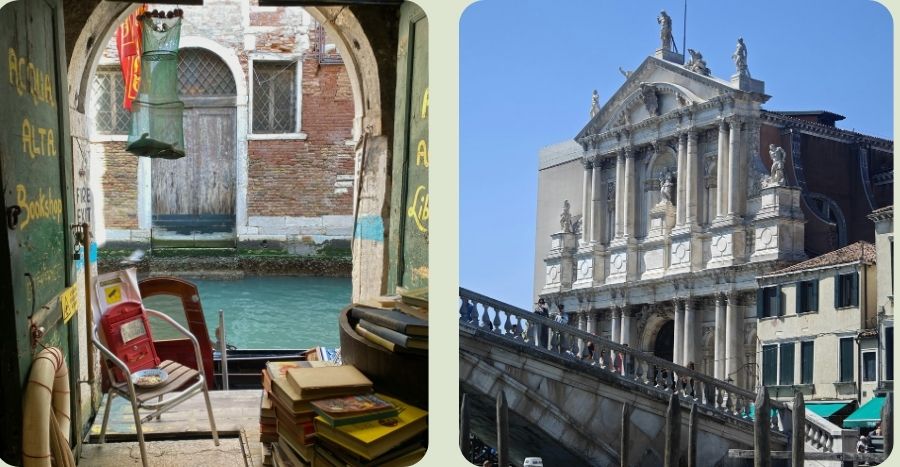 Een collage van twee foto's uit Venetië: links het beroemde doorkijkje vanuit de Libreria Acqua Alta boekhandel op een kanaal met opgestapelde boeken op de voorgrond, rechts de indrukwekkende witte gevel van de Scuola Grande di San Rocco met een stenen trap.