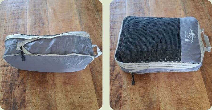 Collage van twee beelden van een packing cube: links een zijaanzicht met zichtbare tweede rits voor compressie, rechts volledig dichtgeritst in compacte vorm.