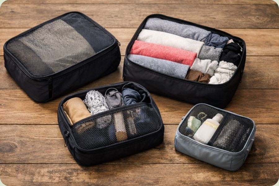 Verschillende packing cubes op houten vloer met opgerolde kleding.