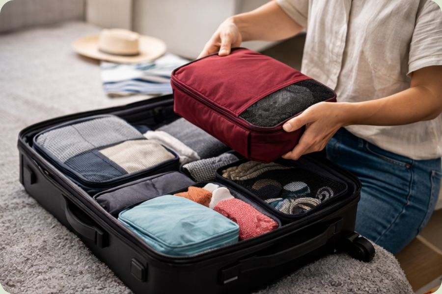 Iemand plaatst een rode packing cube met kleding in een georganiseerde koffer met meerdere vakken.