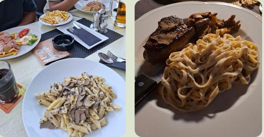 Een collage van twee foto's van eten op een terras: links een bord penne pasta met truffel op een gedekte tafel, rechts een close-up van romige tagliatelle geserveerd met een gegrild stuk biefstuk.
