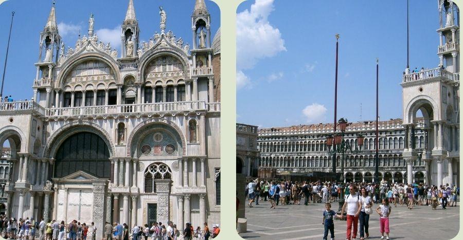 Een collage van twee foto's van het San Marcoplein in Venetië: links de gedetailleerde gevel van de San Marco Basiliek met zijn bogen en beelden, rechts het levendige plein met toeristen, hoge vlaggenmasten en historische gebouwen onder een blauwe lucht.