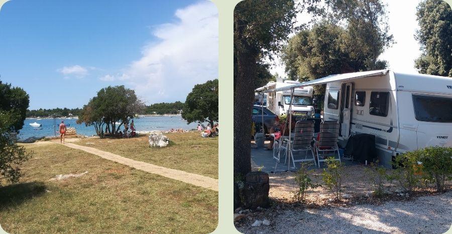 Een schaduwrijke kampeerplek met een caravan op een gezellige camping aan de Kroatische kust