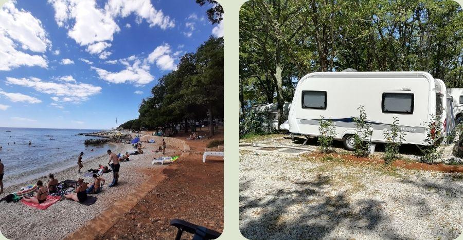 Een zonnig kiezelstrand aan zee en een moderne caravan op een schaduwrijke kampeerplek in Kroatië