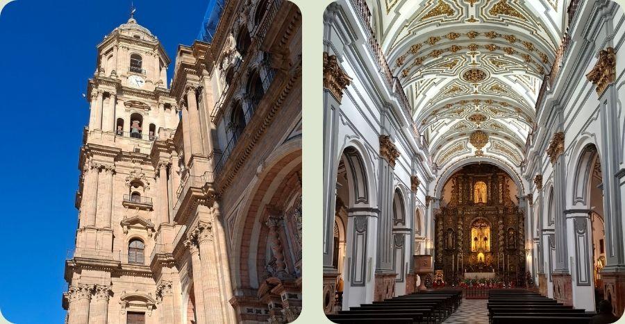 Een collage van de Kathedraal van Málaga met links de hoge klokkentoren tegen een blauwe lucht en rechts het rijk versierde interieur met witte gewelven en het gouden altaar.