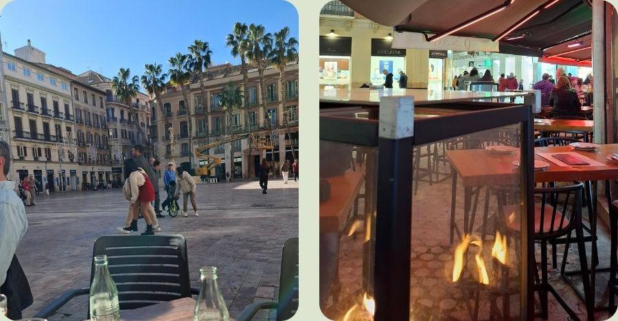 Collage van een zonnig plein met palmbomen in Málaga en een sfeervol verlicht terras met terrasverwarmers in de avond.