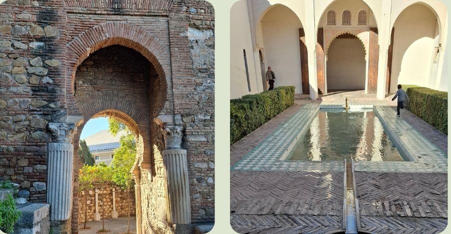 Uitzicht op de Moorse architectuur en de rustige binnentuin van de Alcazaba van Málaga met een waterpartij.