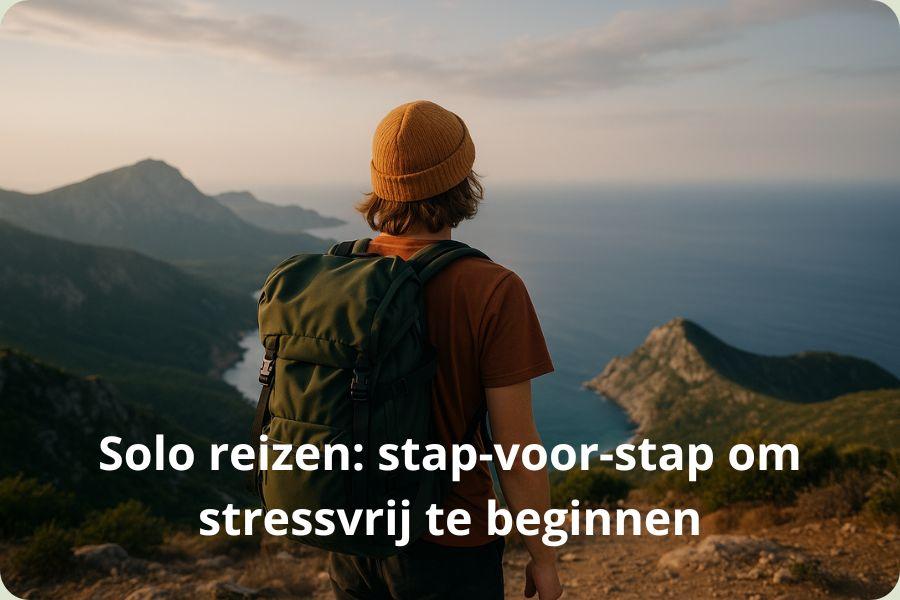 Een backpacker met een rugzak en een muts kijkt uit over een bergachtig kustlandschap bij zonsondergang.