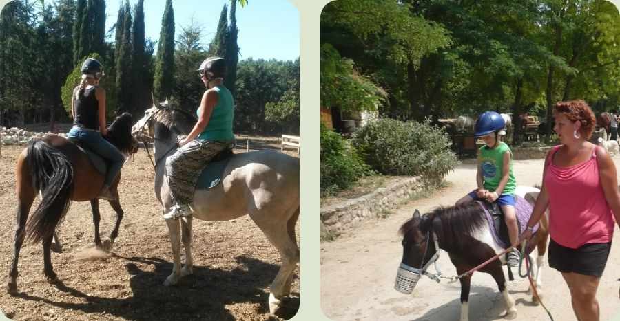 Een collage van twee foto's die paardrijactiviteiten laten zien. Links rijden een vrouw op een wit paard en een meisje op een bruin paard in een zanderige rijbak onder een blauwe hemel. Rechts leidt een vrouw een klein kind op een pony over een onverhard pad, waarbij beide kinderen een veiligheidshelm dragen.