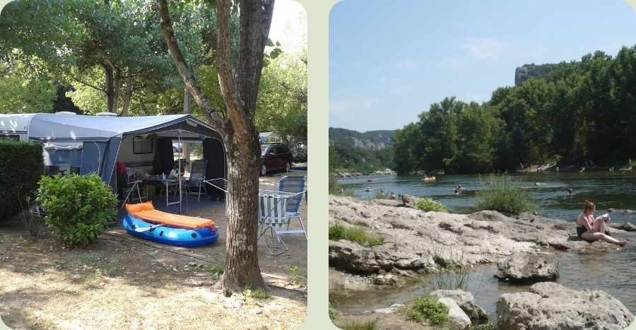 Collage van twee vakantiefoto's bij een rivier. Links staat een caravan met een blauw-grijze voortent op een schaduwrijke campingplek, met een opblaasbare boot op het gras. Rechts zit een vrouw te lezen op de rotsachtige oever van een brede rivier omgeven door groene bomen en heuvels.