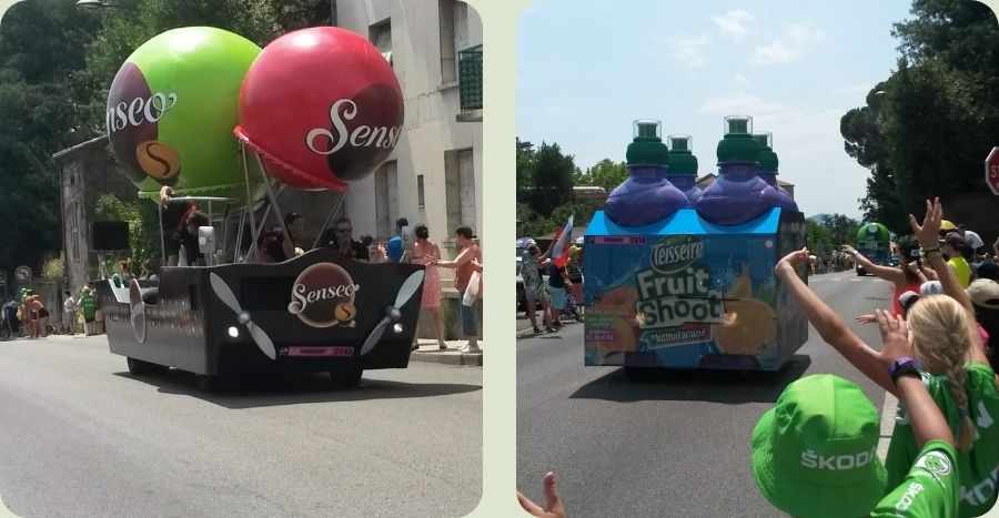 Bezienswaardigheden Ardèche: de reclamecaravan van de Tour de France met praalwagens van Senseo en Fruit Shoot