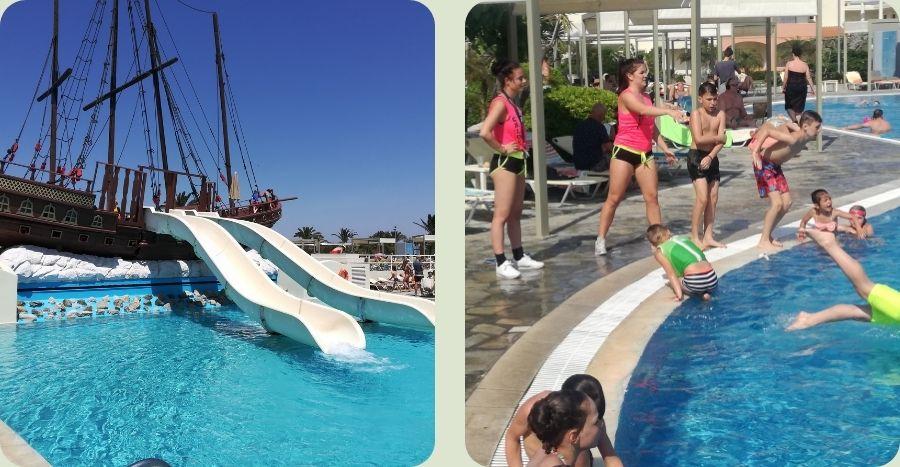Grote zwembaden met glijbanen en entertainment bij Kipriotis Village Resort op Kos