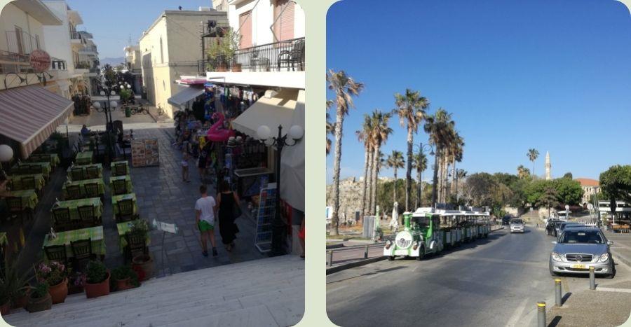 Gezellige terrasstraten en het toeristentreintje bij de haven in Kos-Stad