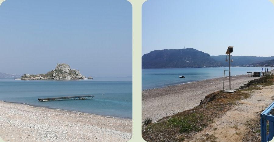 Uitzicht op het rotseilandje Kastri en de rustige baai van Kefalos bij Agios Stefanos Beach op Kos